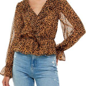 Wayf cheetah ruffle cropped v-neck blouse